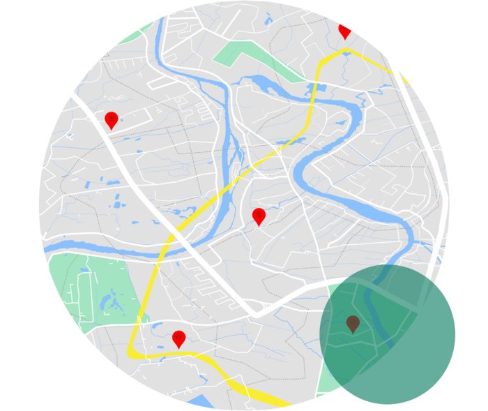 Stadtkarte mit roten Markierungen.