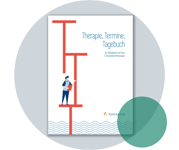 Patientenmaterial: Cholesterinbroschüre Titelseite einer Broschüre mit dem Titel „Therapie, Termine, Tagebuch – Ihr Begleiter für Ihre Cholesterintherapie“.