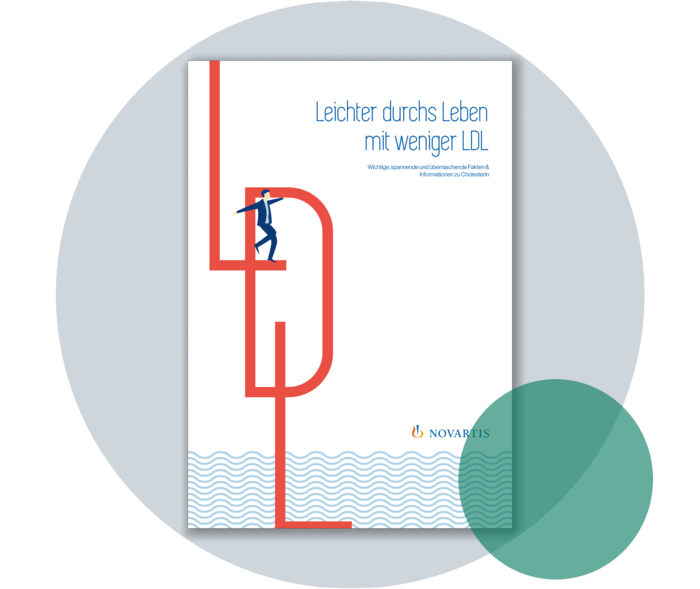 Cholesterin zu hoch: Broschüre Titelseite einer Broschüre mit dem Titel „Leichter durchs Leben mit weniger LDL“.