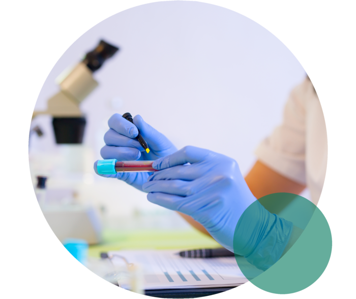 Hände einer Person mit Einweghandschuhen halten ein Probenröhrchen mit roter Flüssigkeit. 