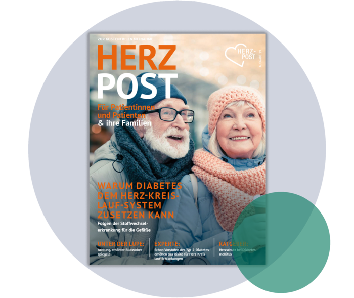 Diese Herzpost erläutert die Zusammenhänge zwischen Diabetes und Herz-Kreislauf-Erkrankungen. Cover der Herzpost 19
