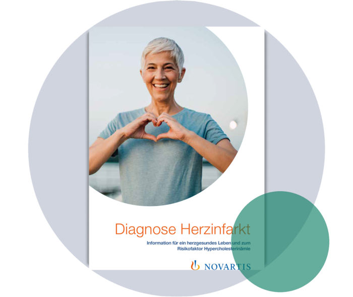 Titelseite einer Broschüre mit der Überschrift: Diagnose Herzinfarkt. Information für ein herzgesundes Leben und zum Risikofaktor Hypercholesterinämie.