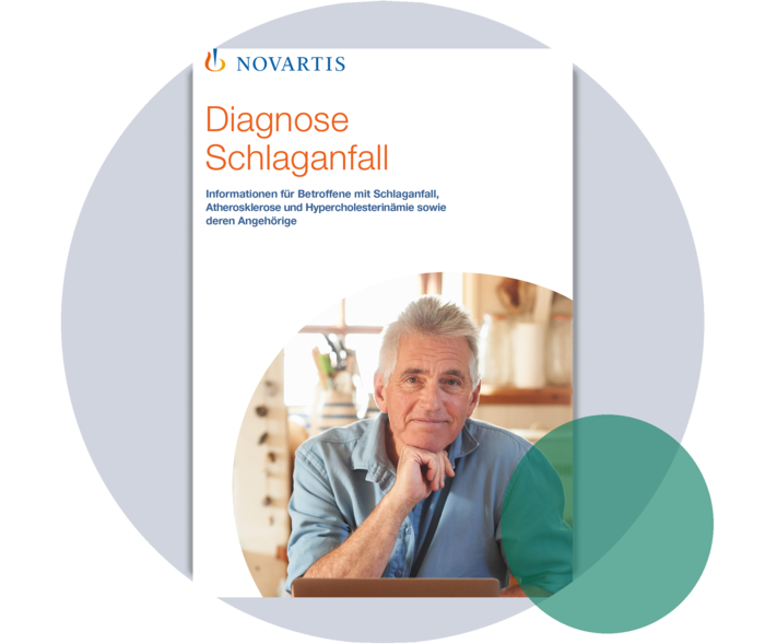 Titelseite einer Broschüre mit der Überschrift: Diagnose Schlaganfall. Informationen für Betroffene mit Schlaganfall, Atherosklerose und Hypercholesterinämie sowie deren Angehörige.
