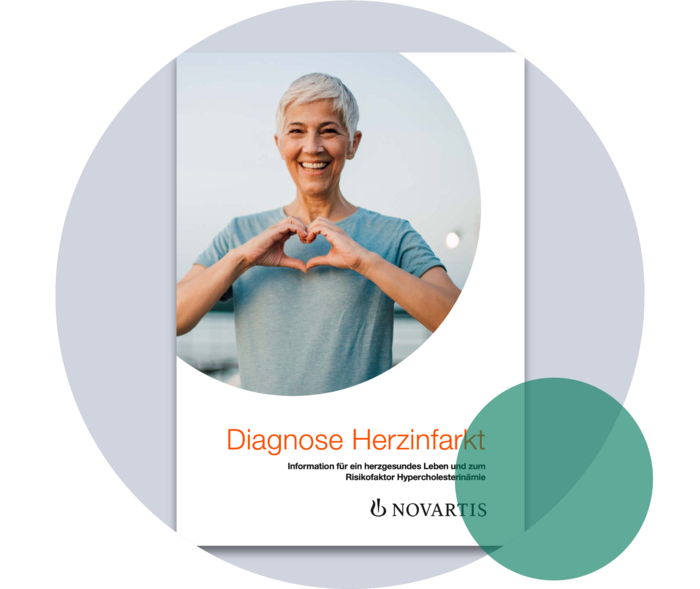 Titelseite einer Broschüre mit der Überschrift: Diagnose Herzinfarkt. Information für ein herzgesundes Leben und zum Risikofaktor Hypercholesterinämie.